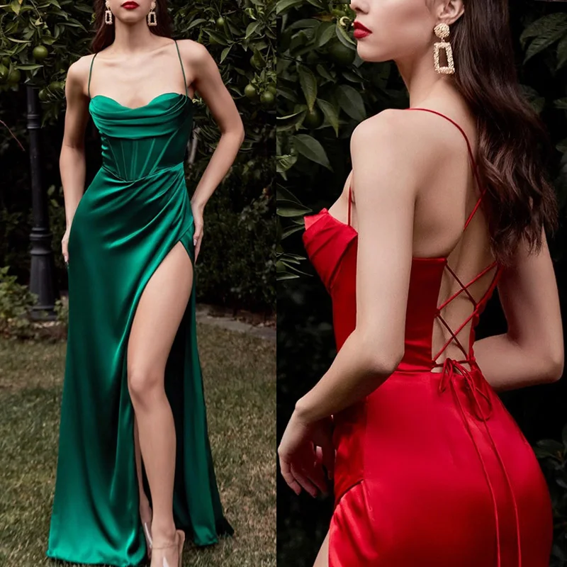 Sexy High Slit Evening Party Dress 2023 New Women Spaghetti Straps Open Back Formal Dress Red Green Robe de Soiree YL-328