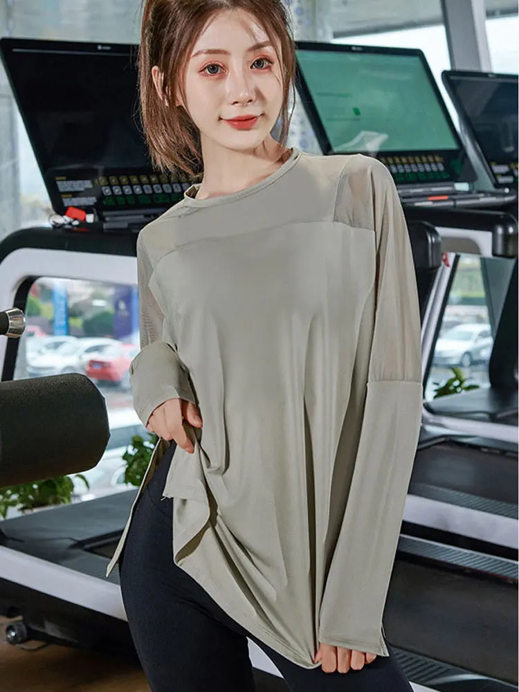 Splicing Yoga Loose Long Sleeve Top Side Slits Sports Shirts Women Quick Dry Fitness Blouses Gym Workout Pulovers Athletic Wear