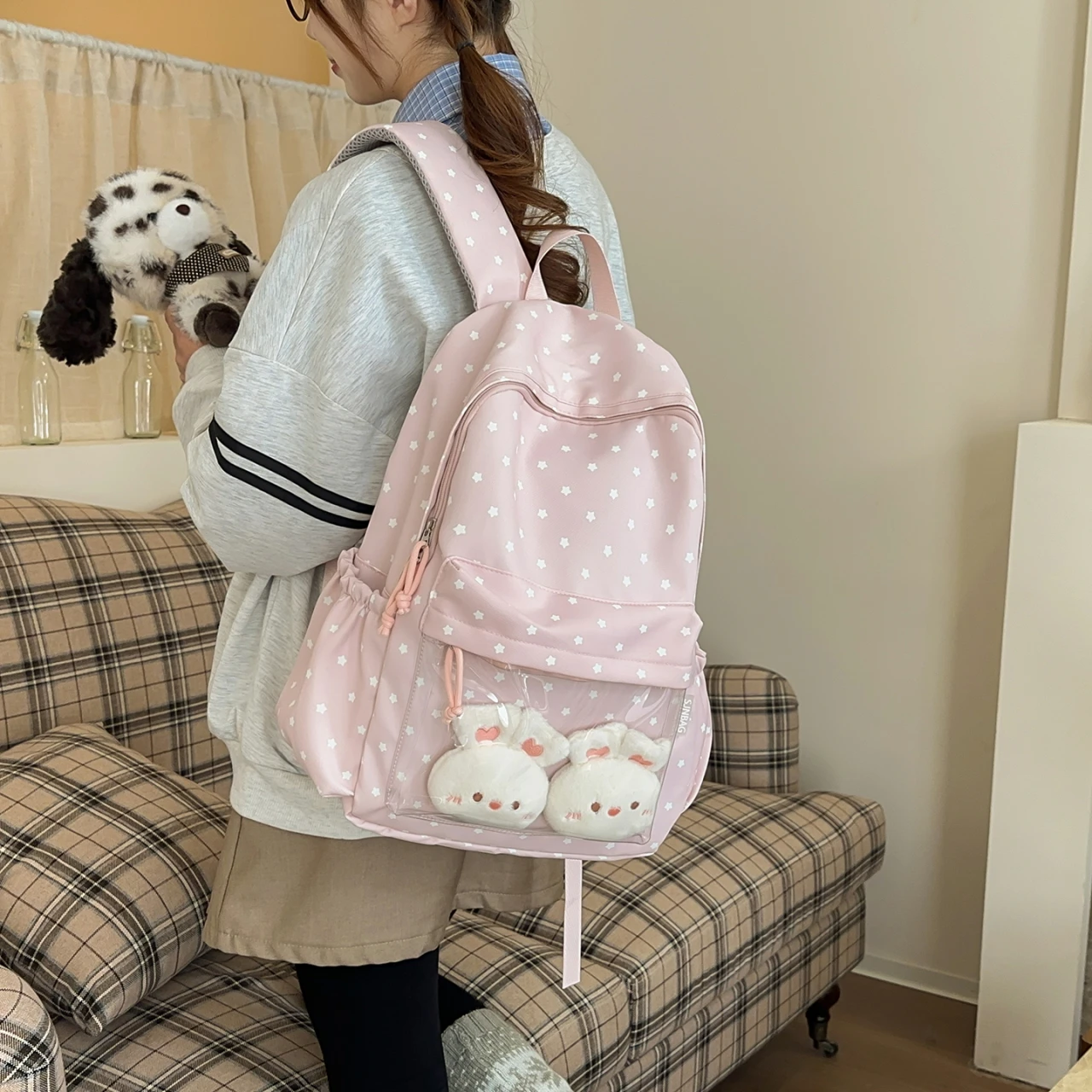 Women's Light Blue Star Print Backpack with Clear Pocket Plush Bunny Decor Casual School Daily Travel Bag 2026 New Back Packs