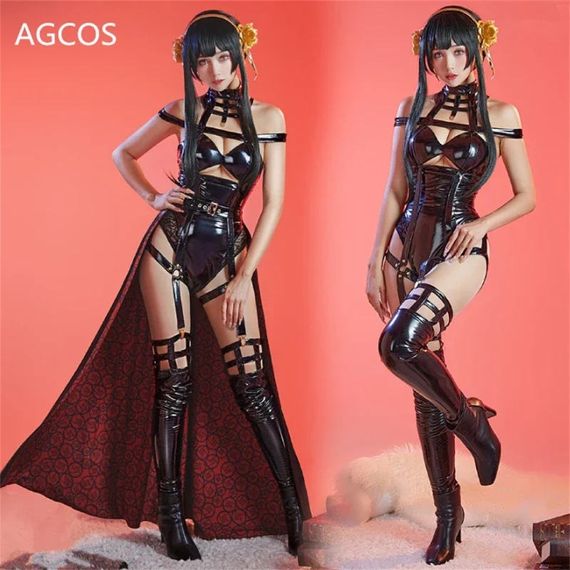 AGCOS Anime Cosplay Yor Briar Forger Cosplay Costume Uniform Woman Leather Jumpsuits Halloween Sets Wig Sexy Cosplay