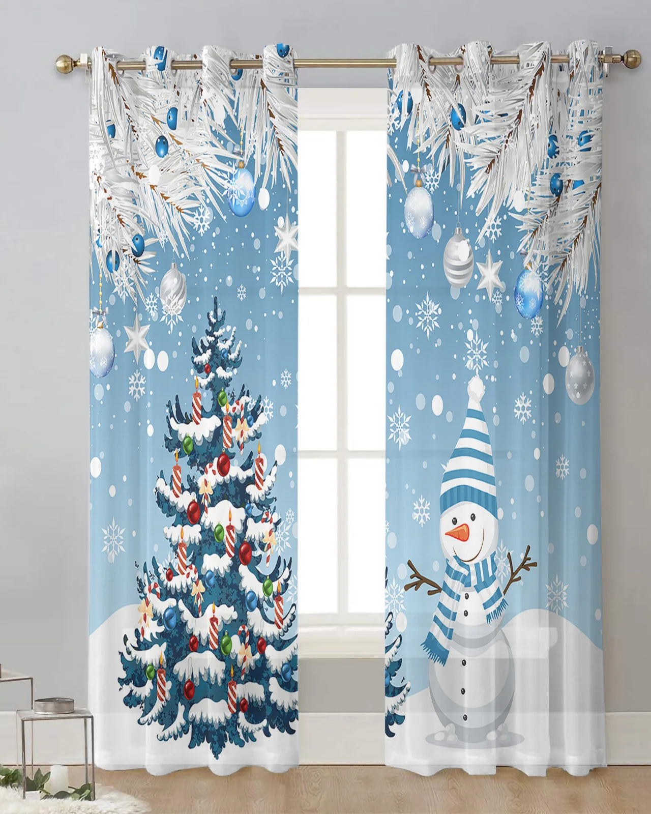 Christmas Silver Cedar Leaf Snowman Curtain Tulle Curtains For Living Room Kitchen Window Treatments Voile Curtains