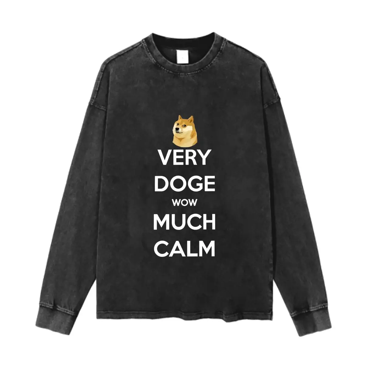 Very Doge Wow Much Calm Art Text Washed Vintage Long Sleeves Cotton Tee Shirt Solid O Collared For Men's And Women's