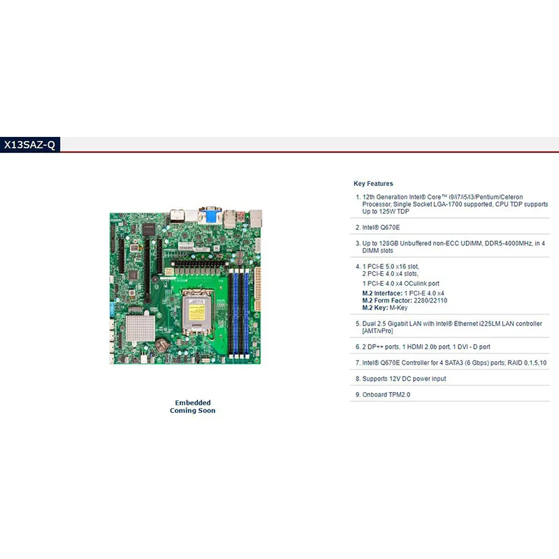 X13SAZ-Q For Supermicro Single-channel Industrial Control Motherboard Embedded Q670E Chip DDR5 Memory Micro-ATX M.2