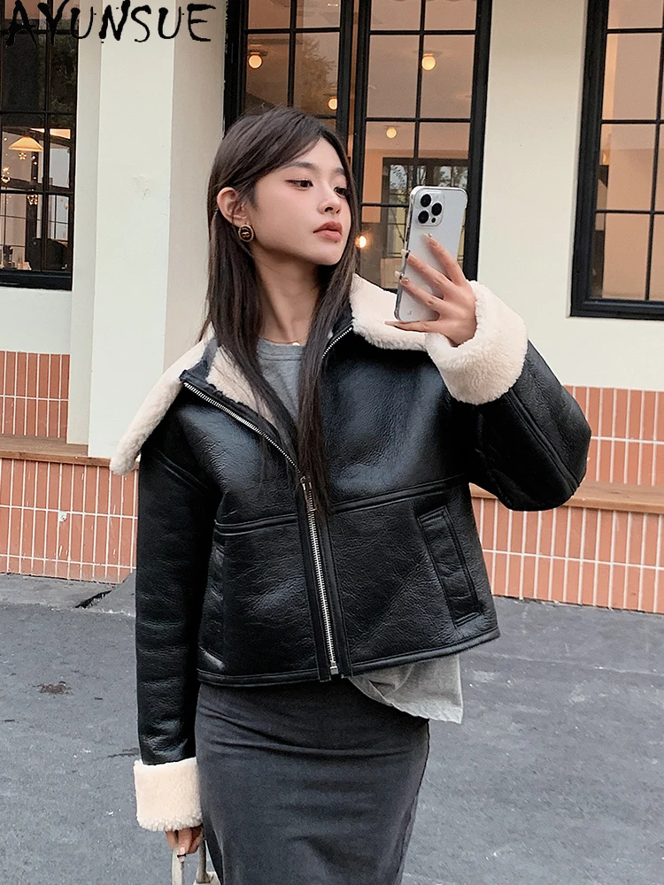 AYUNSUE 2025 New Winter Shearling Jacket Woman 100% Natural Wool Jackets for Woman Clothing Lamb Fur Jacket Woman Abrigo Mujer