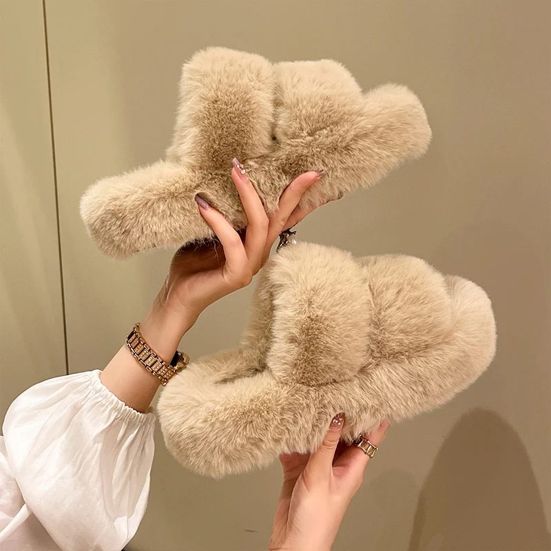 Woman Furry Ladies Fur Luxury Fluffy Plush Slippers House Soft Fuzzy Platform Indoor Casual Winter Home Warm High Heels Female