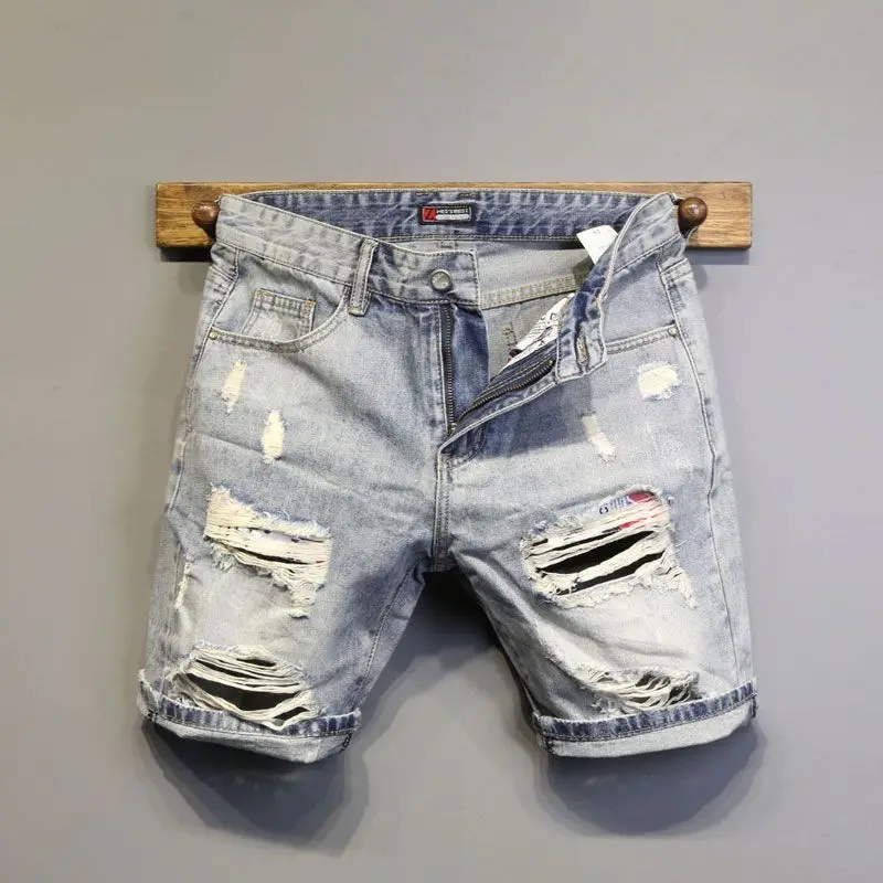 Original Summer New Blue Cat Whisker Patch Slim Denim Shorts Men's Trendy Fashion Five-point Pants Ripped Hole Mens Short Jeans