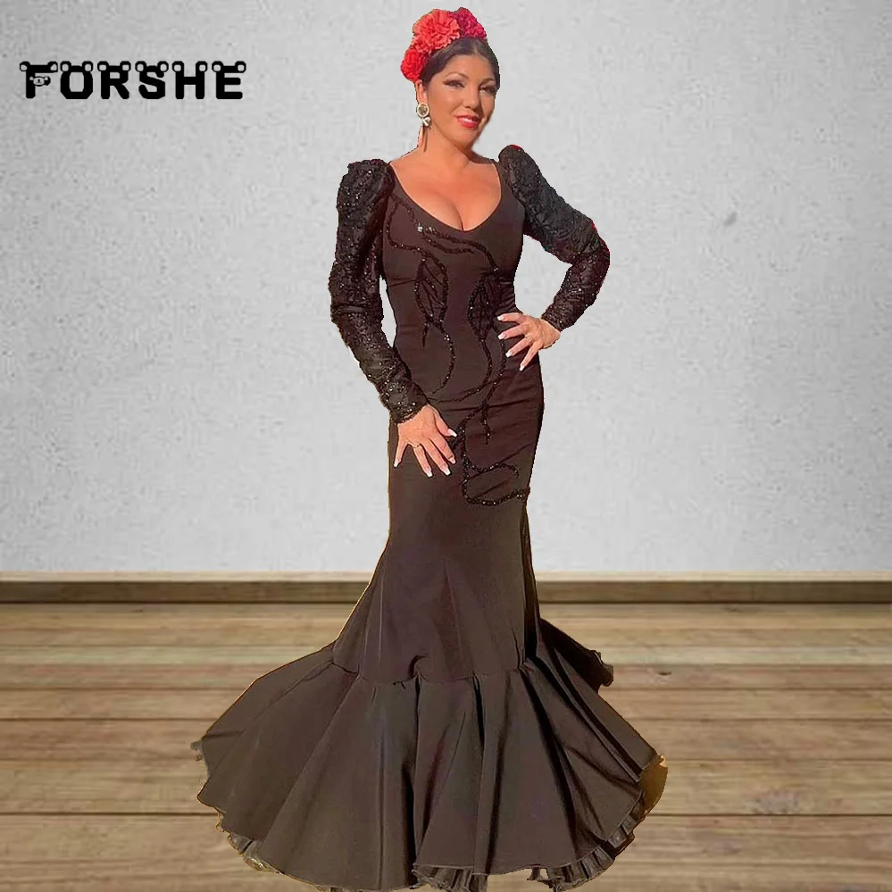 Flamenca Evening Dress Mermaid Long Sleeves Black Sequined Ruffles Skirt Spanish Prom Dance Dresses Formal Party Gowns