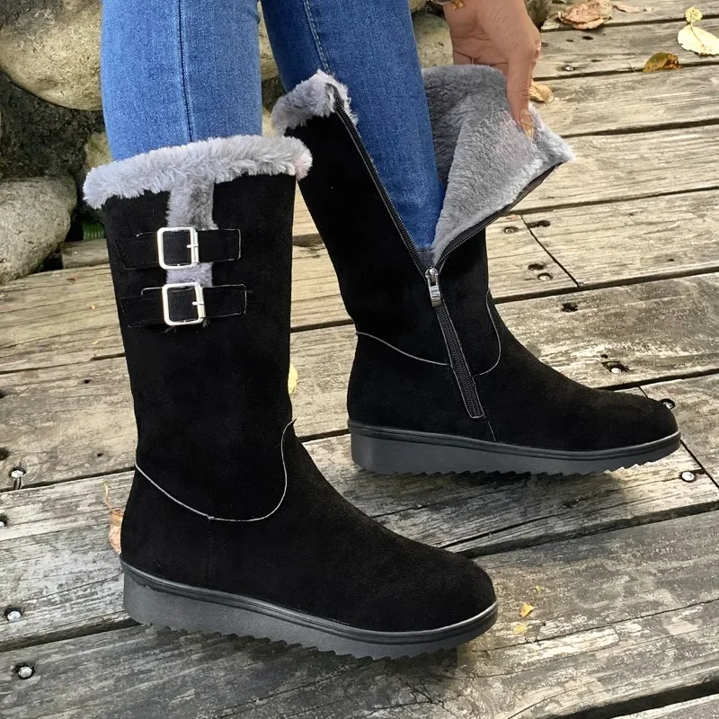 Designer Women's Boots 2023 Winter Plush Warm Ladies Knee-High Boots Low Heel Non-slip Women Snow Boots Botas Largas De Mujer