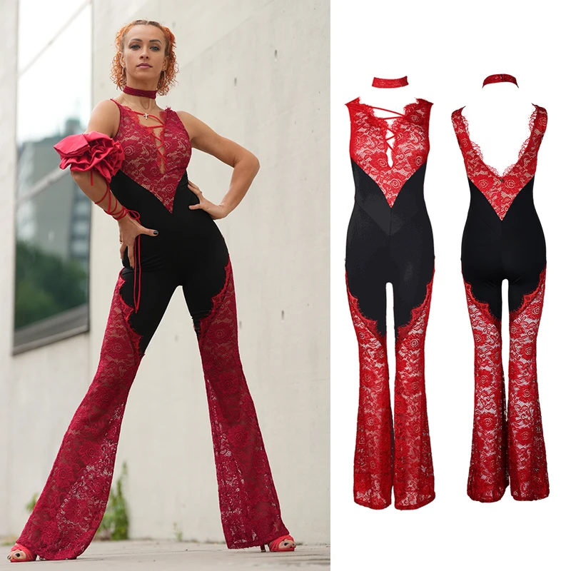 2025 Red Lace Latin Dance Jumpsuit Women Competition Clothing Cha Cha Rumba Dance Performance Cothes Adult Sexy Pants BL17705
