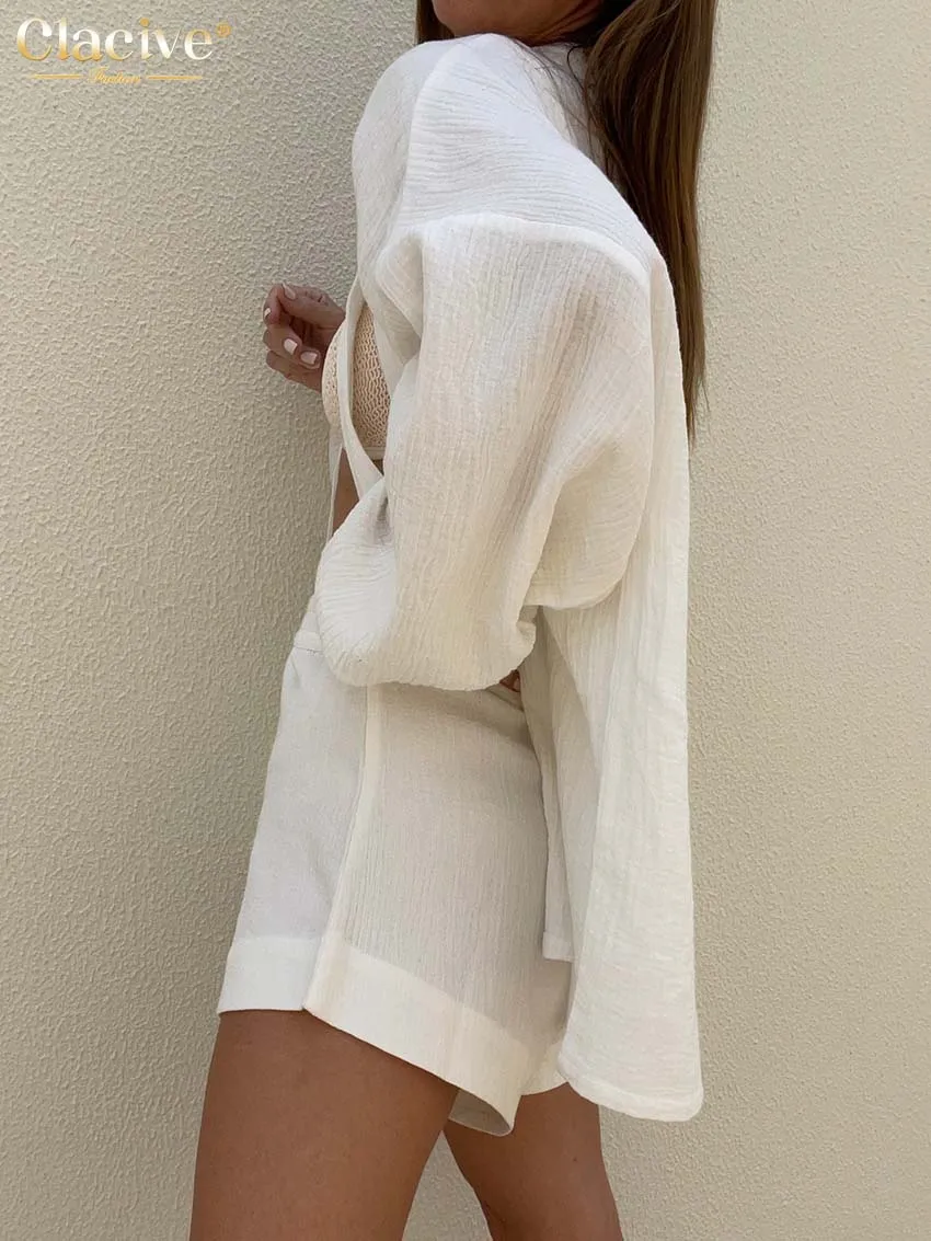 Clacive Casual White Women\'s Summer Suit Fashion High Waist Shorts Set Female Elegant Loose Long Sleeve Robes Two Piece Set