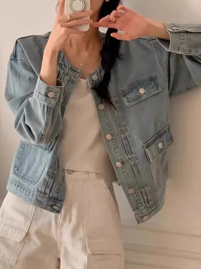 

Retro Faded Loose Women's Denim Jaet with ket Single Button ort Sle Cotton Casual Faion Warm Spring Autumn Top