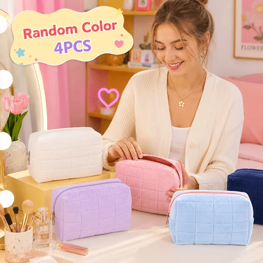 4pcs Soft Checkered Makeup Bags, Large Capacity Plaid Zipper Cosmetic Organizer, Multi-functional Portable Travel Skincare