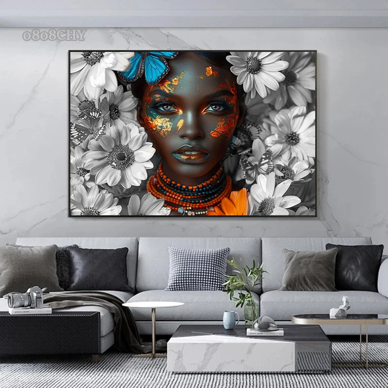 African Woman Flower Canvas Print Posters HD Wall Art Canvas Painting Black Woman Art Fashion Home Living Room Wall Decor Mural