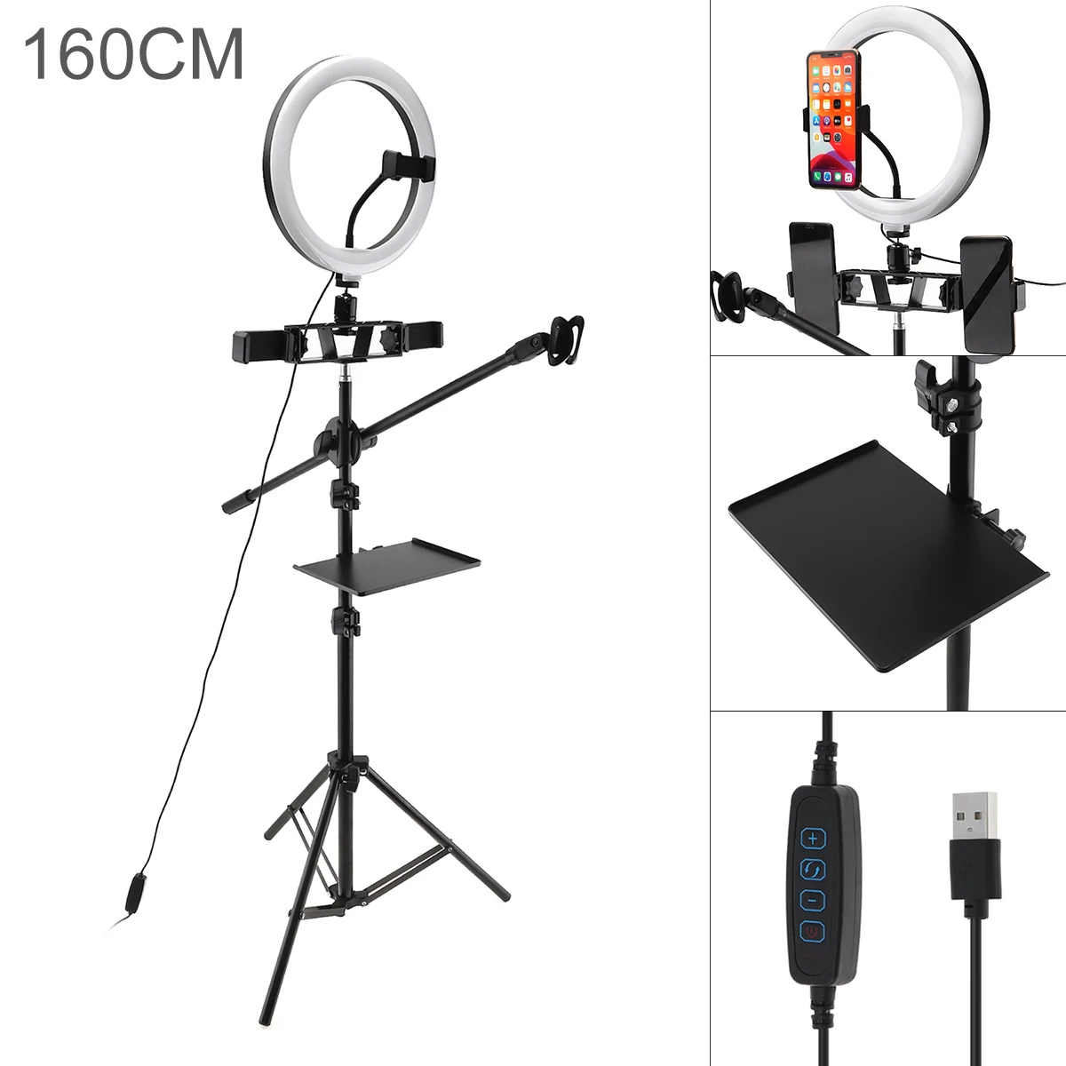 10 Inch 26cm Multifunctional Tripod Dimmable LED Selfie Ring Light with Mobile Phone Clips Microphone Stand Sound Card Tray