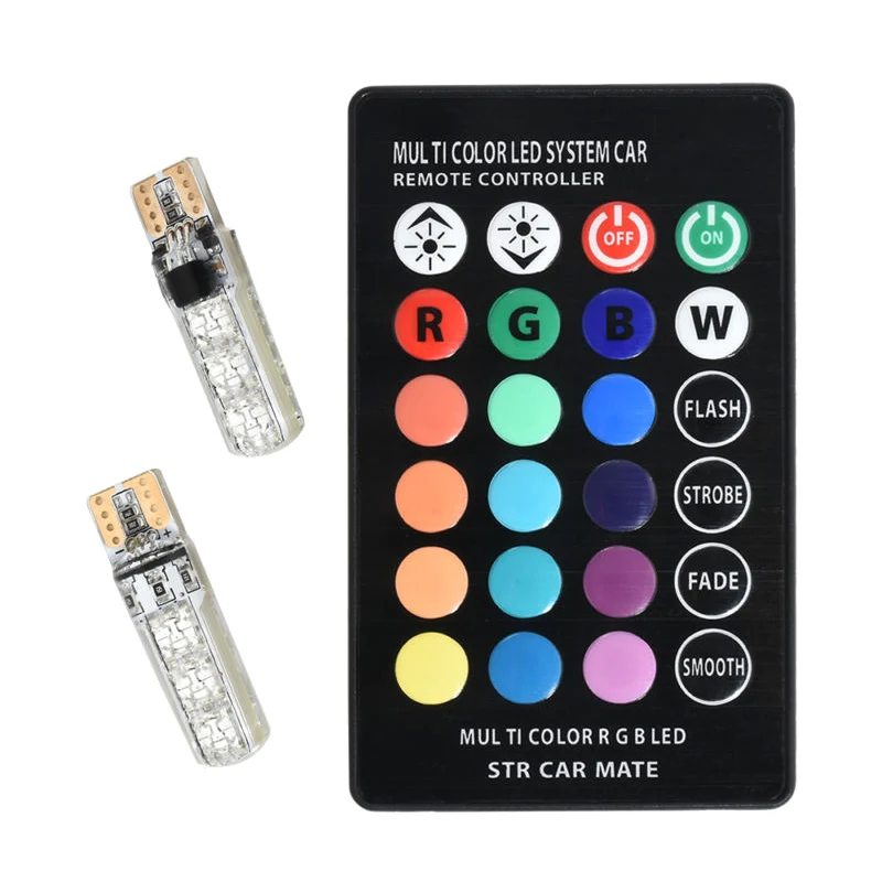 1 Pair T10 5050 Remote Control Car LED Bulb 6 Smd Multicolor RGB Side Light Bulbs