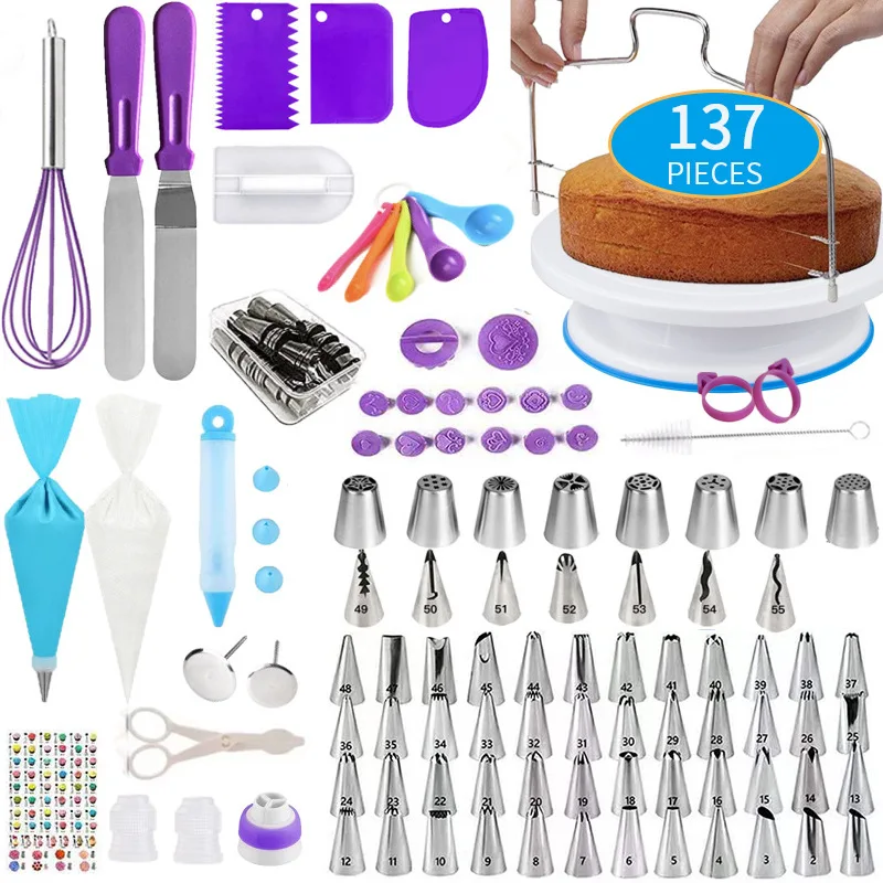 

137pcs Cake Decorating Kits Cake Turntable Pastry Tools for Kitchen DIY Cake Baking Tools Icing Baking Nozzles Piping Bags Sets
