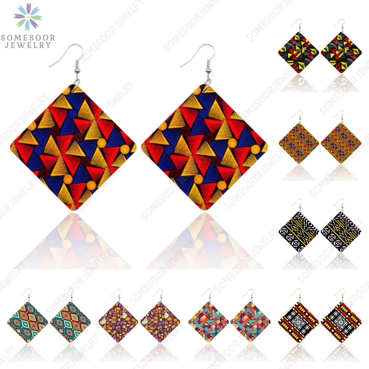 SOMESOOR Ankara Fashion Fabric Style Wooden Drop Earrings Angolan Samacaca Skirt Print African Beauty Square Dangle For Women