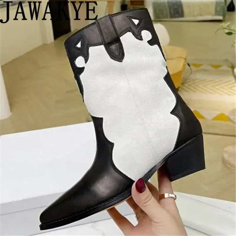 Classic Pointy Toe Patchwork Suede Ankle Boots Women Real Leather Chunky Heel Short Boots Autumn Fashion Week Chelsea Boots Wome