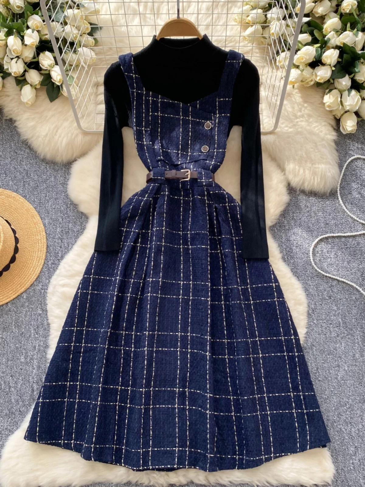 

Retro High-End Feeling Button Decorated Waist-Cinching Wool Blend ter Dr Women's Base Knitwear Autumn Set Casual Workwear