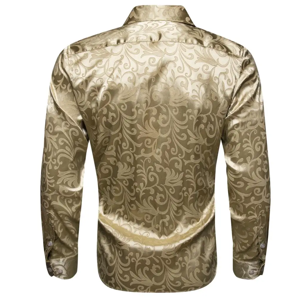 Luxury Shirts for Men Silk Brown Khaki Floral Long Sleeve Slim Fit Male Blouese Casual Tops Formal Breathable Barry Wang