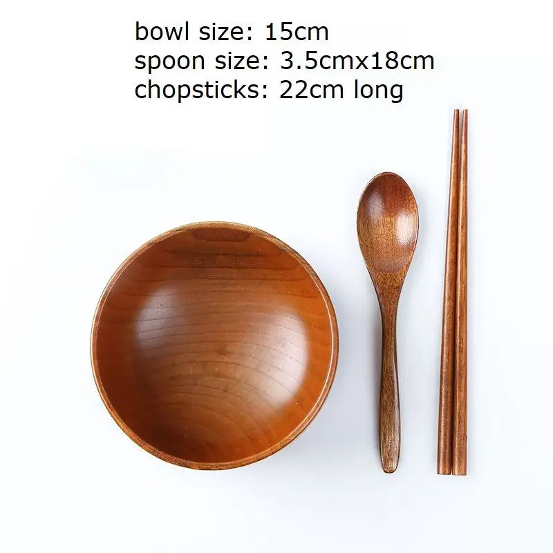 Stoviglie in legno giapponesi Ciotola in legno + tazza + cucchiaio + bacchette Set di stoviglie complete da cucina Ciotola di riso in legno Ciotola da zuppa grande