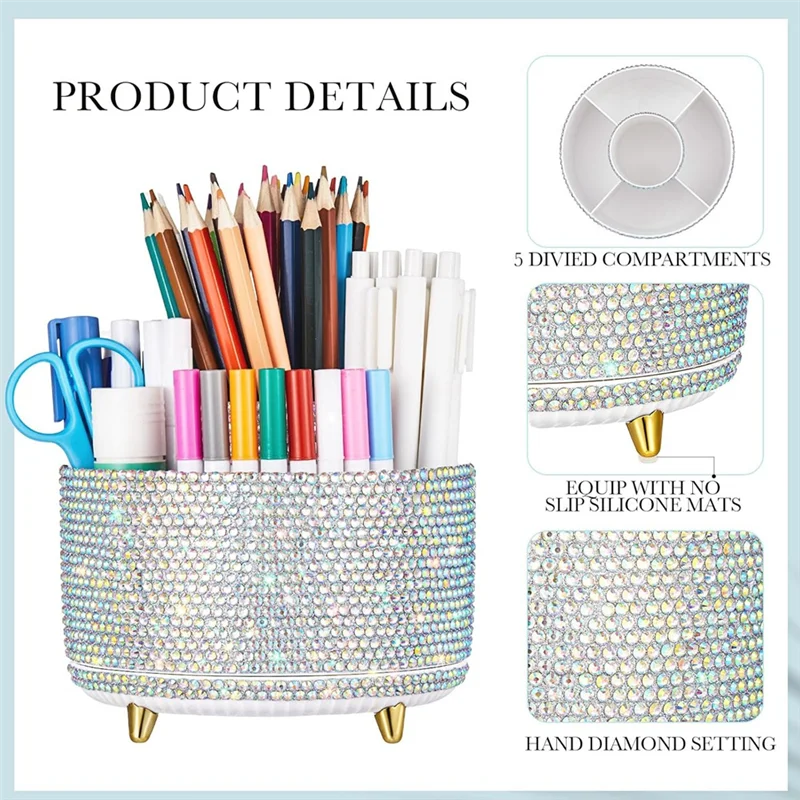 

BMBY-Bling Desk Accessories Organizer For Women Teen Girl Bling Pen Holder Rhinestone Makeup Brush Holder With 5 Slots