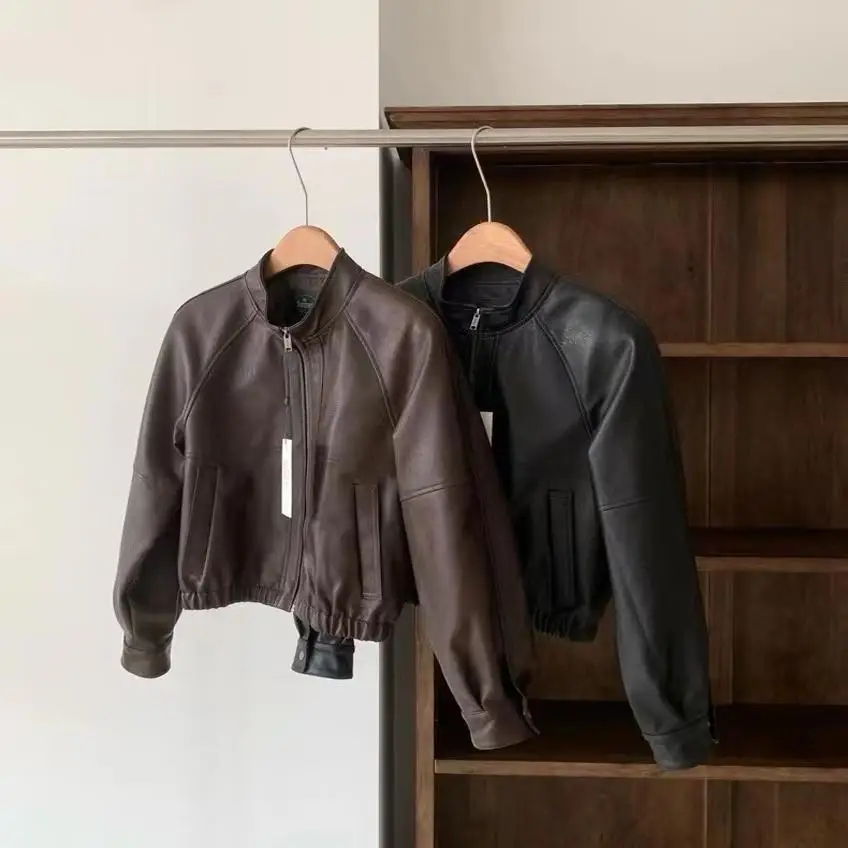 TheBarrnet ريترو ort Jaet المرأة سليم صالح الوقوف طوق معطف جلد بوابة الشرق Sle طويل Sve أنبوب مستقيم pe #1