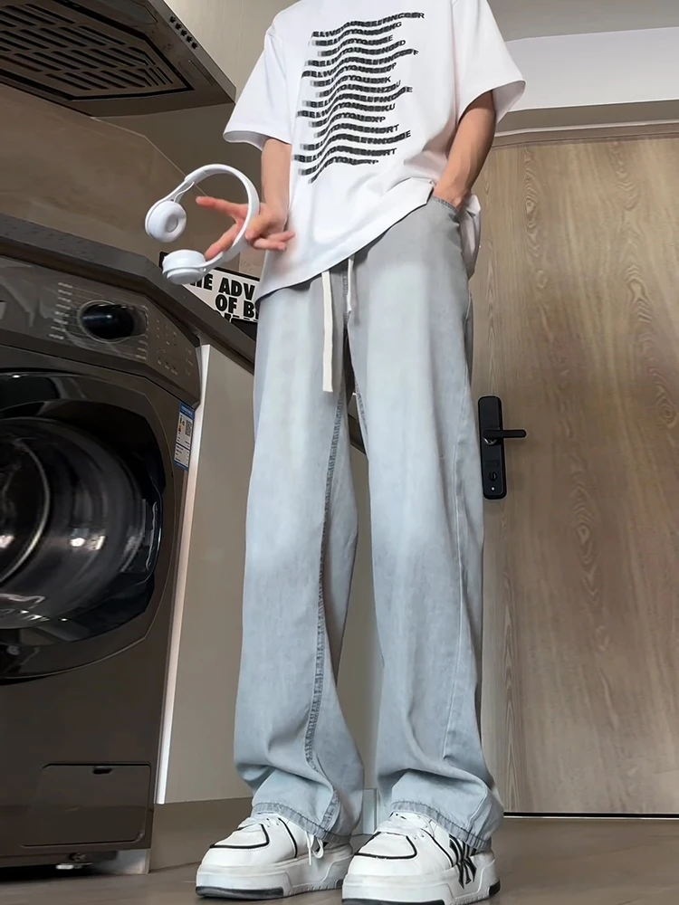 

Anti-Wrinkle Ice Silk Men's Jeans Thin Extended Length Summer Faion High Waist Straight Leg Durable Cotton Blend Trendy Str...