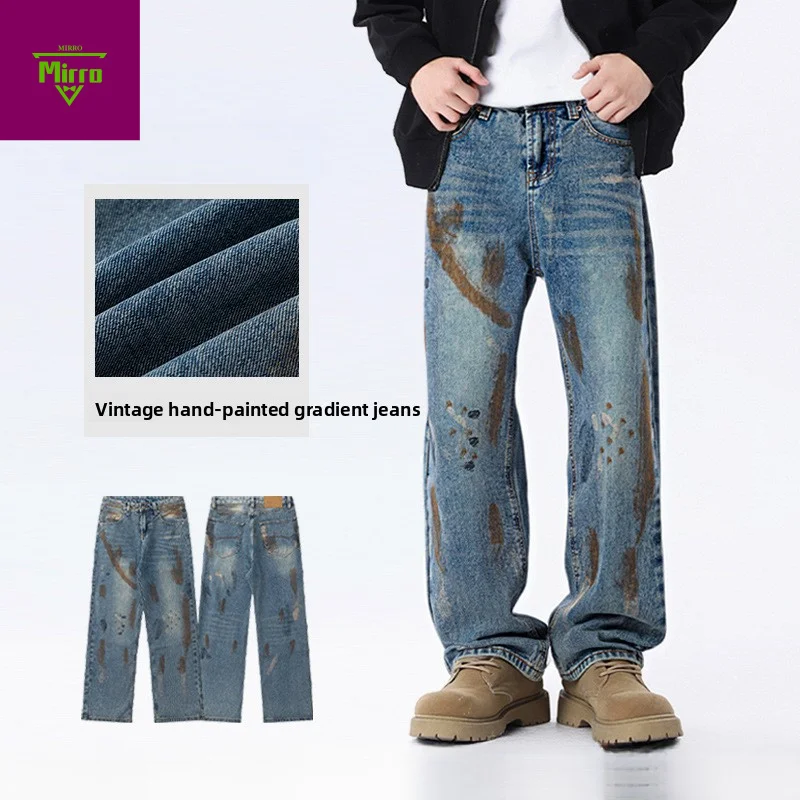 

【Mirrordust】Американские мужские джинсы с градиентом в стиле ретро, новые свободные прямые широкие брюки на весну и осень
