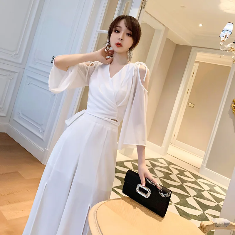 Two-piece Summer Fashion Temperament Strappy Off-the-shoulder Top Design Sense High Waist Split Wide-leg Pants Set