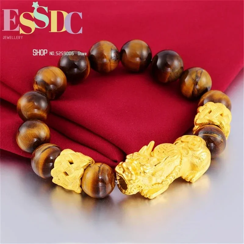 New Design Natural 12mm Yellow Tiger Eye Stone Beaded  Imitation Gold Pixiu Charm Bracelets for Men Jewelry Wholesale