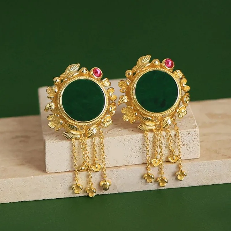 Classical Court style tassels natural Hotan Jasper jade rings for women antique gold craftsmanship high-end art jewelry