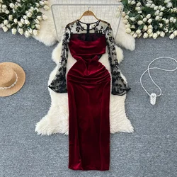 Chic O-neck Vintage Long Sleeve Elegant Embroidered Mesh Spliced Velvet Slim Dresses French Evening High Street Autumn Clothing