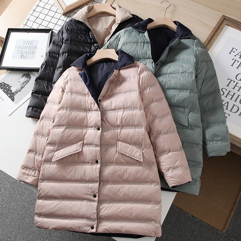 

Two Sides Light Down Coat 2023 Autumn Winter Women Midi Long Warm White Duck Down Jacket Parkas Ladies Oversize Puffer Outwears