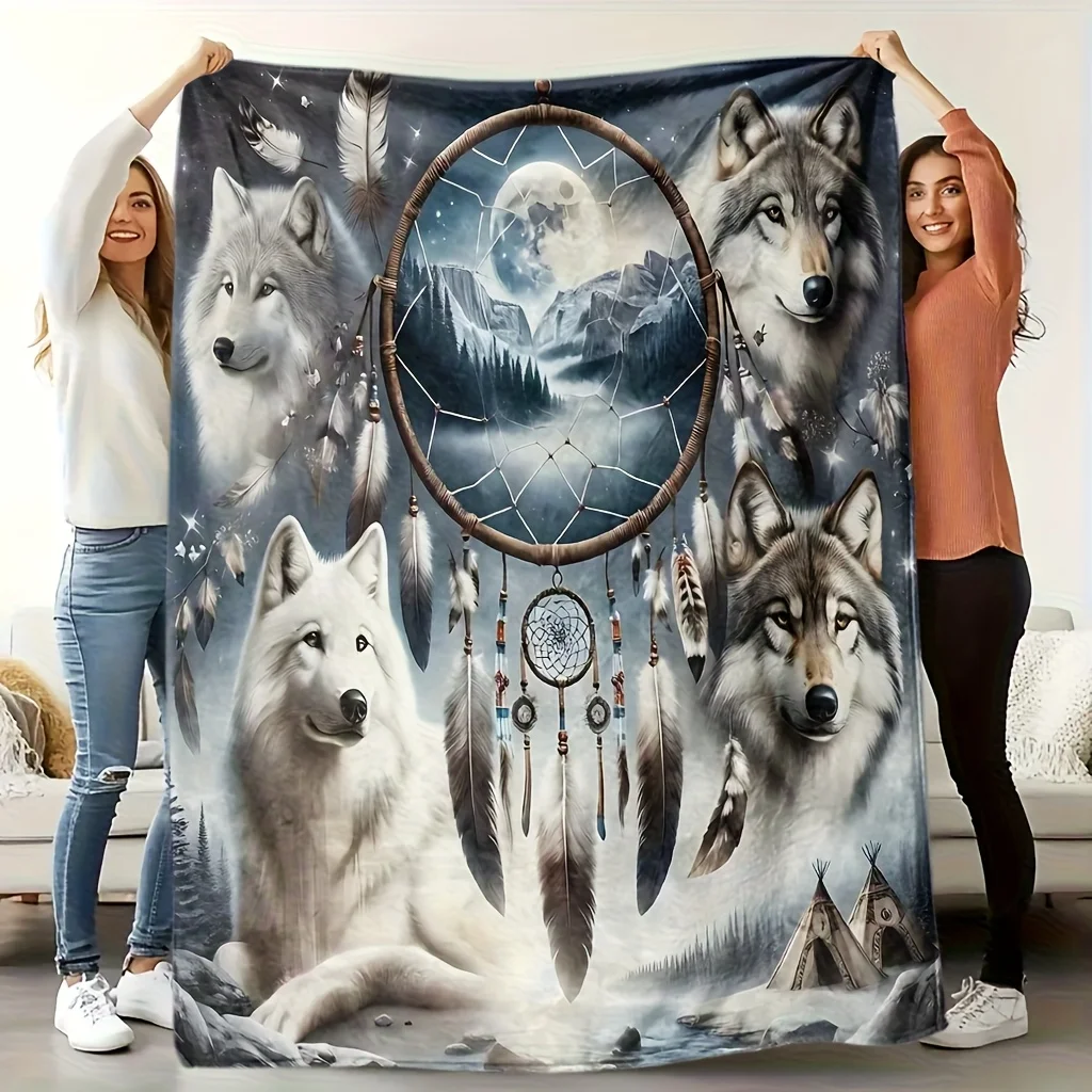 Wolf Dreamcatcher Theme Blanket Soft High-Definition Digital Print Cooling Blanket All-Season, Family and Friends Gift Soft, Bre