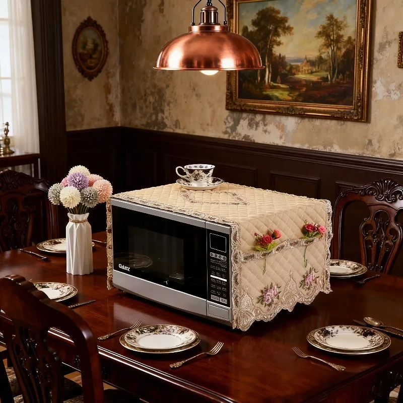 1PC European Style Microwave Oven Cover with Double Pockets Dust Grease Proof Universal Fit for Kitchen Black Pink Decorative