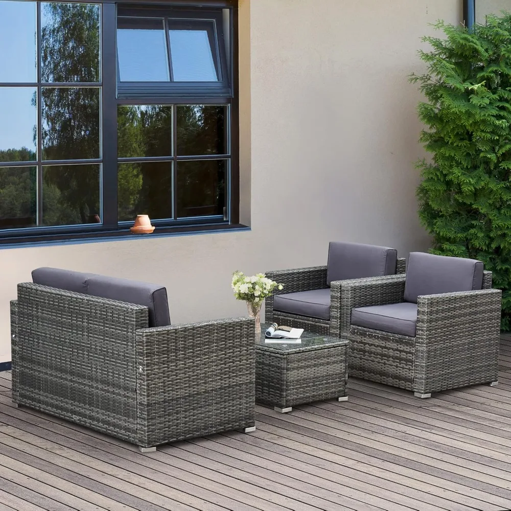 4-piece wicker patio furniture set with cushions, 2 sofas, loveseat sofa and glass-top coffee table, grey