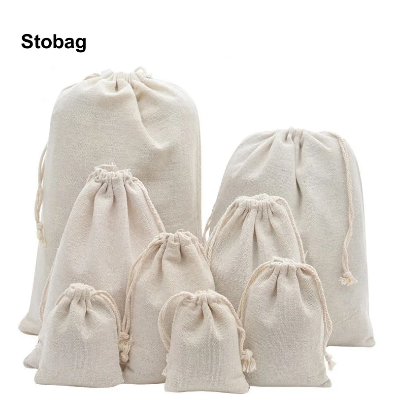 StoBag Wholesale Cotton Linen Bags Drawstring Pocket Jewelry Packaging Small Pouches Eco Reusable Gift Cosmetic Storage Logo