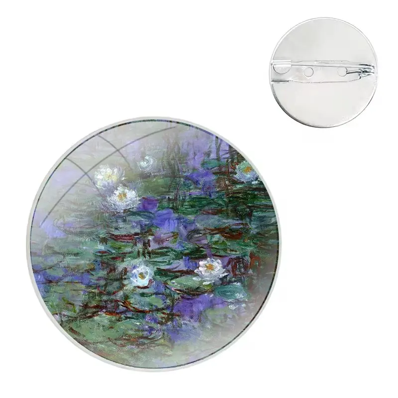 Claude Monet Garden Lotus Glass Dome Brooches Shirt Lapel Bag Cute Badge Pins For Clothes Hat Accessories