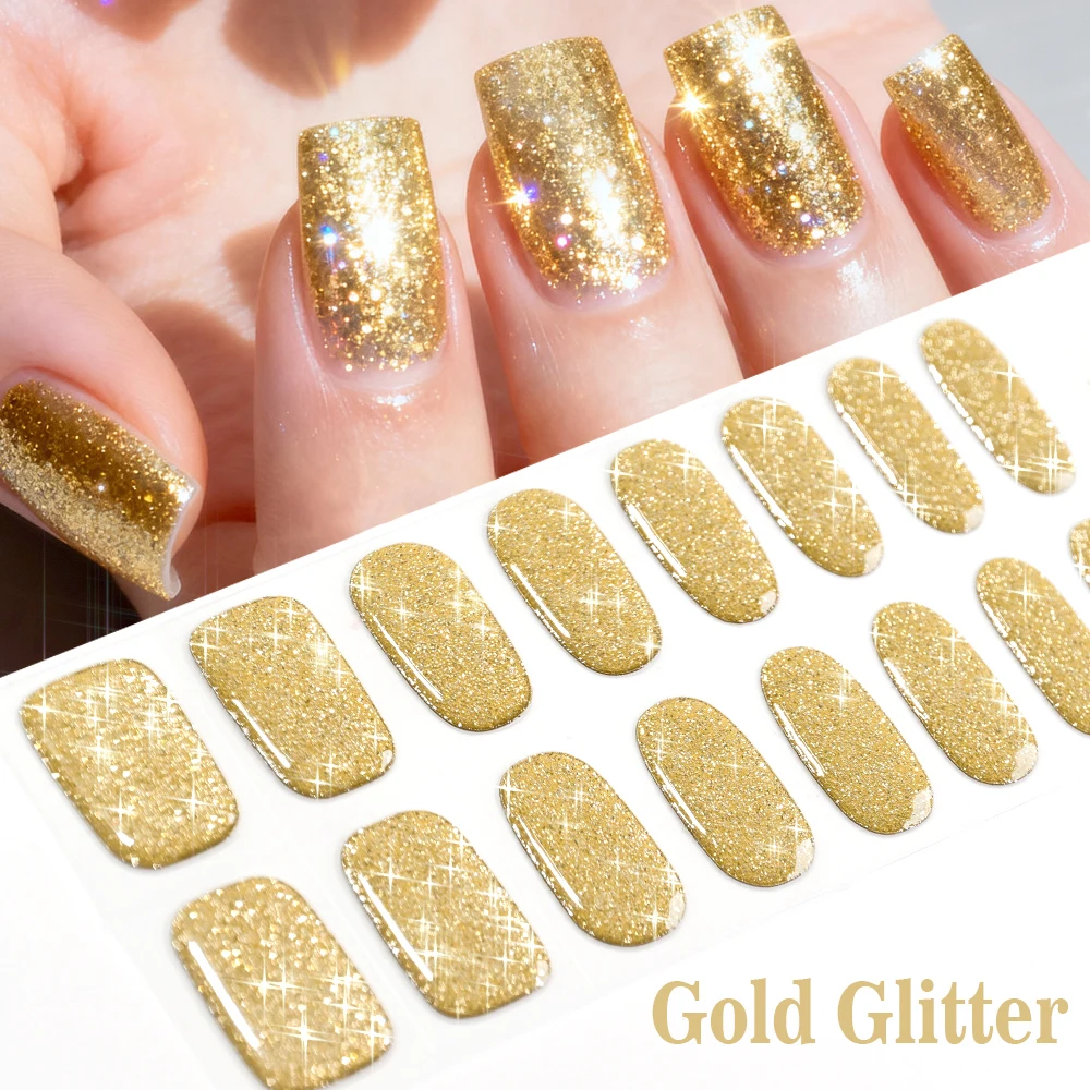 16tips Gold Semi-Cured Gel Nail Wraps Stickers Full Cover Simple Gold Glitter UV/LED Extension Nail Sticker Long-Lasting Sliders