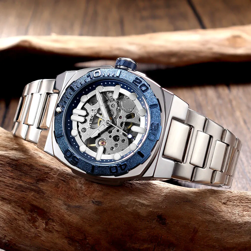 MEGIR Business Style Watch for Men Fashion Automatic Mechanical Wristwatch with Transparent Skeleton Dial & Stainless Steel Band
