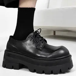 2025 New Thick Bottom Black Blood Series Genuine Derby Men's Height Increasing Big Toe Casual Leather Shoes 7cm