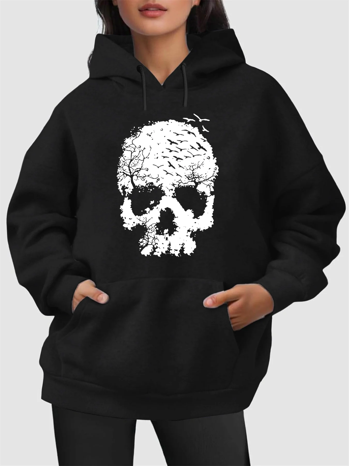 

Женский осенне-зимний повседневный модный свободный теплый пуловер с капюшоном и длинными рукавами с принтом черепа и шнурком