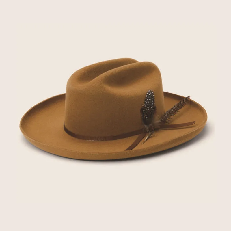 

Hot Selling Pure Wool Fedora Cowboy Style Wool Felt Hat Fashionable Feather Decorated Fedora