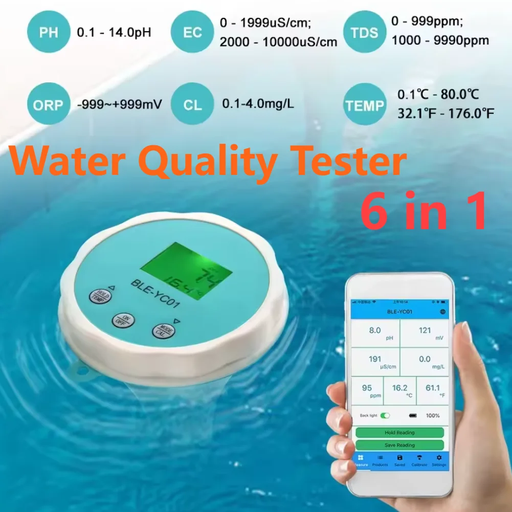 

6 in 1 Smart Floating Swimming Pool Water Analyzer APP Online Monitor Water Quality Test Meter BT PH CL TDS EC ORP TEMP Tester