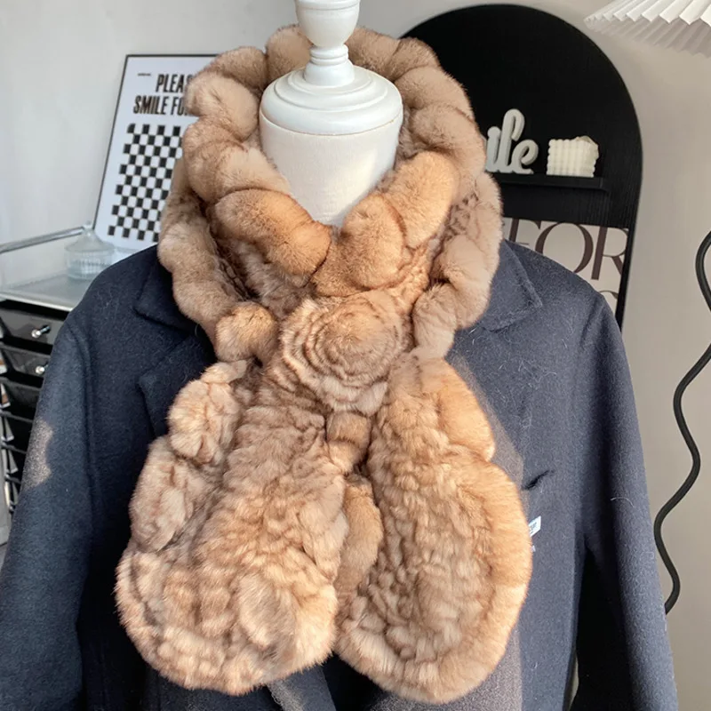 

Шарф из натурального меха кролика рекс для женщин, зимний утолщенный теплый плюшевый меховой шарф, двусторонний тканый меховой шарф, вязаный шейный платок