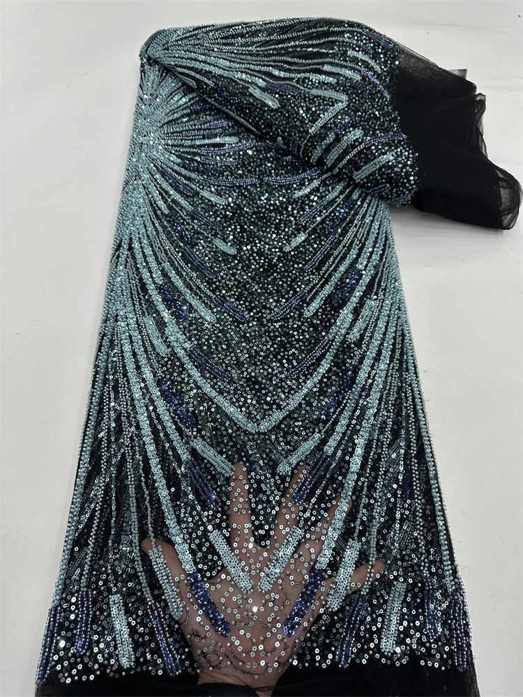 

African Nigerian High-Quality Tulle Lace Fabric with Sequins Beads And Stone Embroidery for Dresses 5Yards 2025