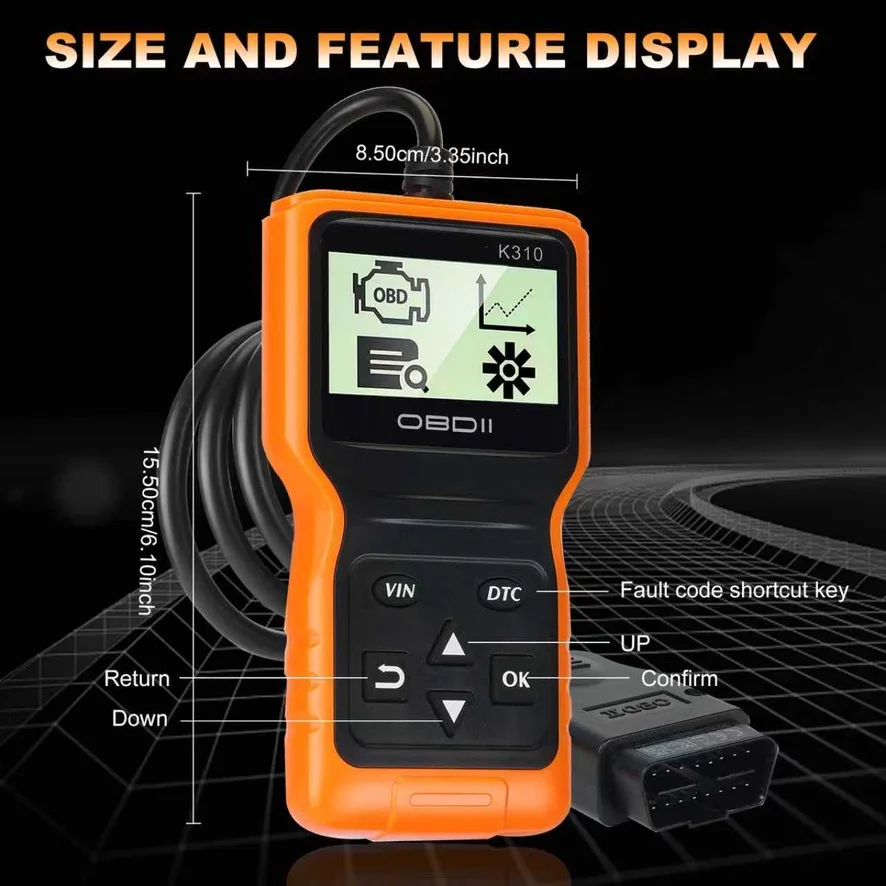 K310 OBD-II Car Fault Code Reader, 12V Vehicle Scanner for DIY & Repair Shop, Read & Clear Engine Trouble Codes, View Live Data