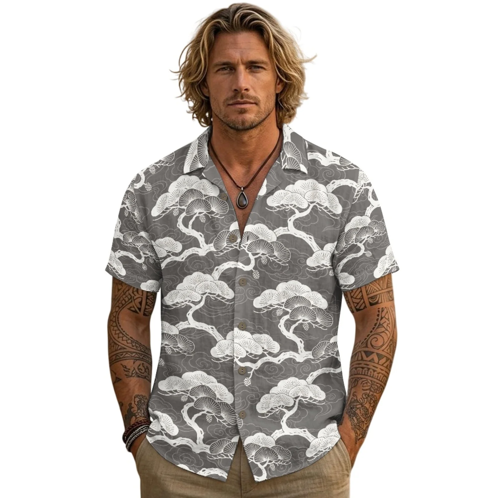 PENSTROLL Bonsai Tree Pattern Linen Like Men's Shirt Hawaiian Beach Shirt for mens Single Breasted Mens Short Sleeve T-shirt