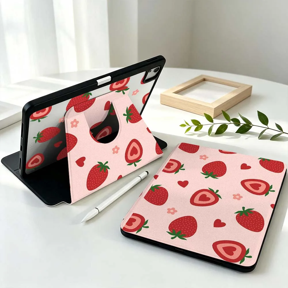 Cartoon Strawberry Heart For Samsung Galaxy Tab S11 S10 S9 S8 A11 FE Plus Ultra 360° Rotation Stylus Storage Tablet Case